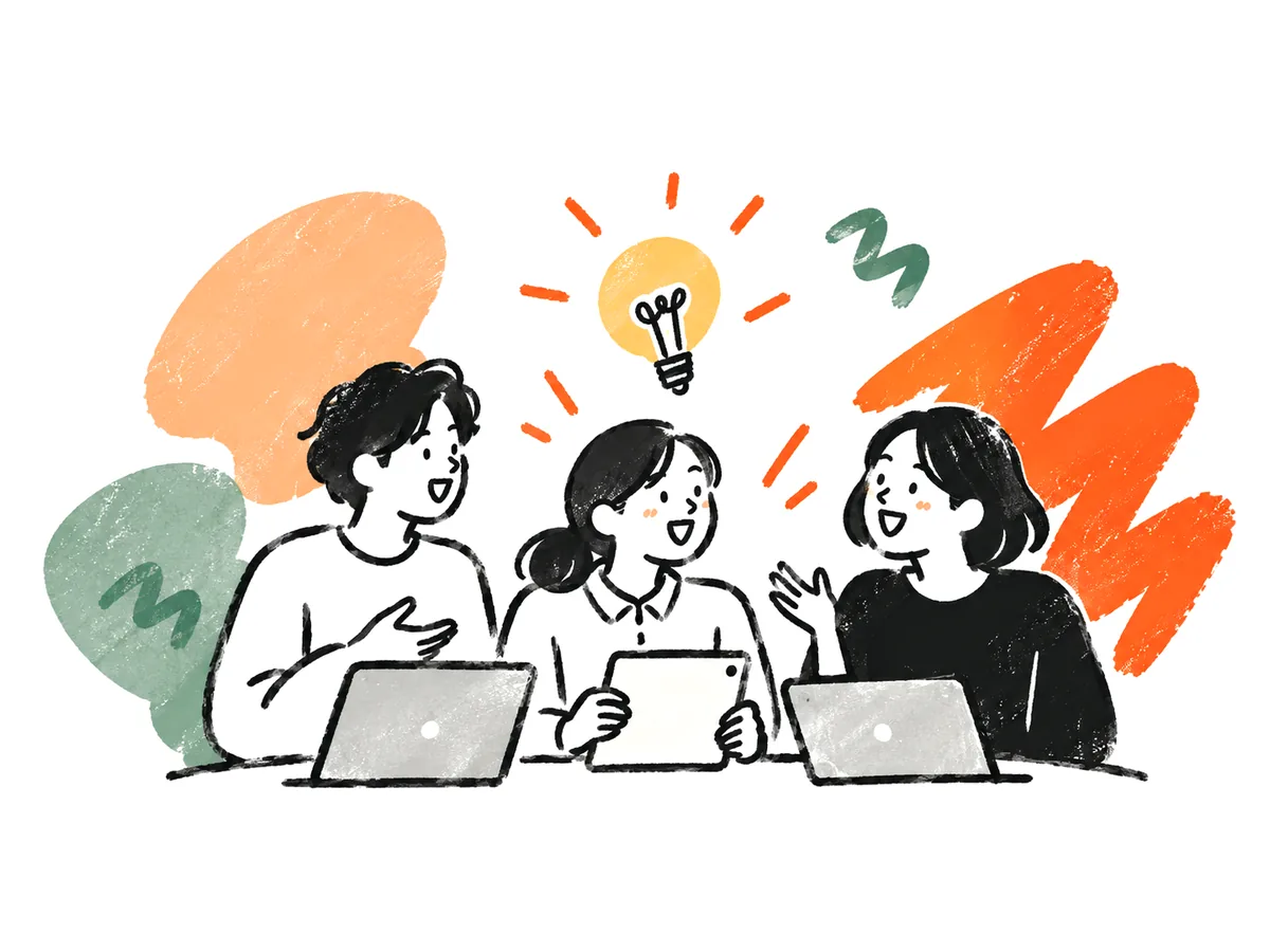 電球のアイデアを囲んで話し合う3人のイラスト
